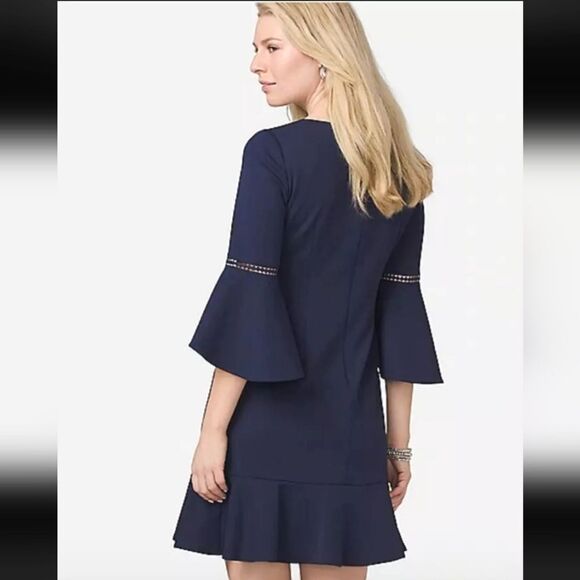 Dress Barn Roz & Ali Crepe Ruffled Bell Sleeve Dress sz 4 Navy Career/Work - Picture 2 of 11